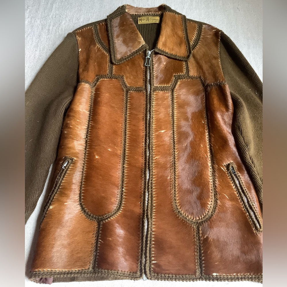Vintage 1970s Italian Cowskin Patchwork Knitted Jacket